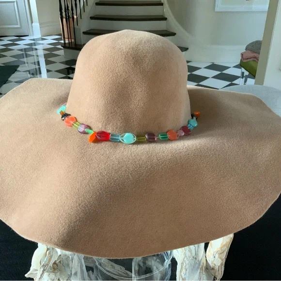 Catherine Malandrino Tan Hat with Colorful Beaded Band - Picture 1 of 5
